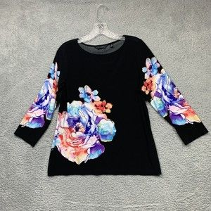 Investments Shirt Womens Medium Black with Floral Tropical Design 3/4 Sleeve